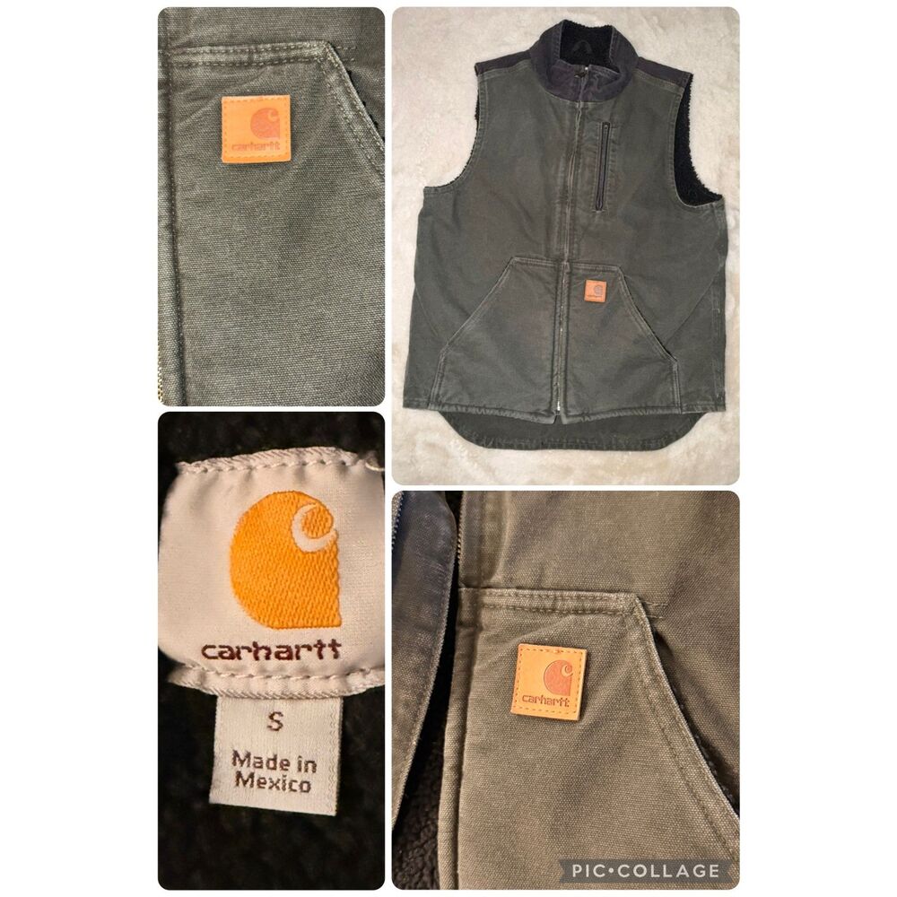 Vintage Carhartt V33 Sandstone Duck Vest Mens Small Green Sherpa Lined Workwear